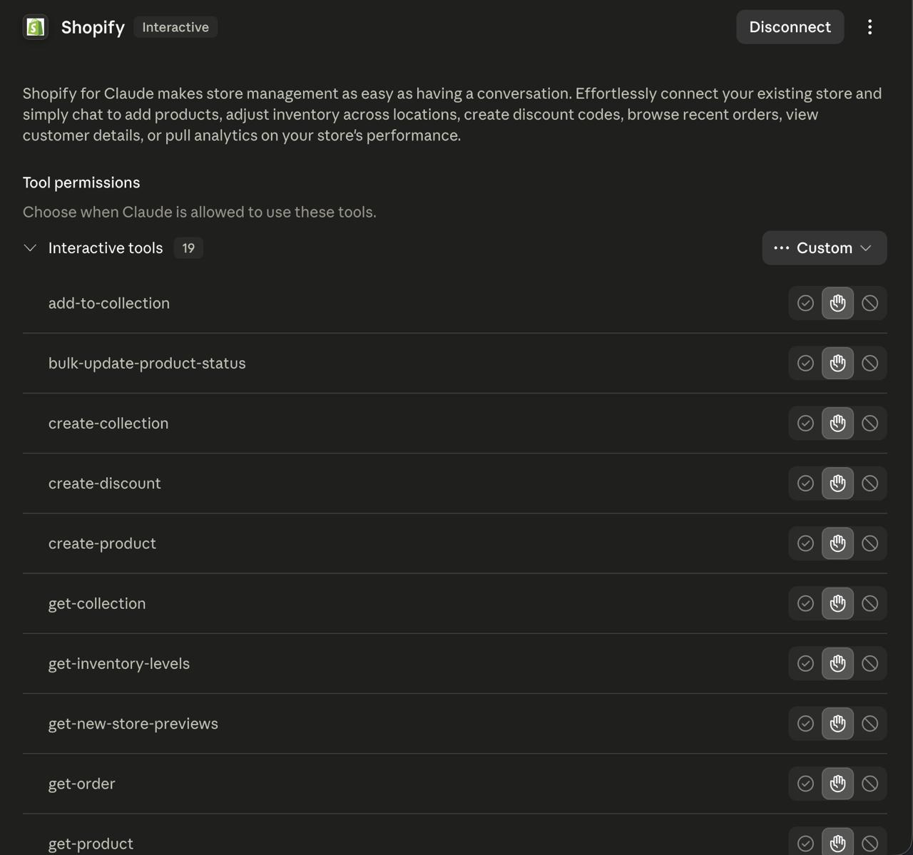 Claude tool permissions screen for Shopify MCP interactive tools